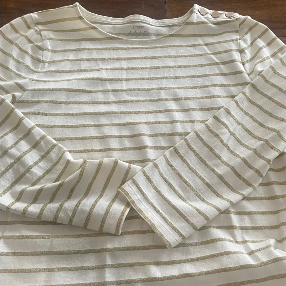 J. Crew Striped long sleeve pullover ivory gold shimmer tee top size M